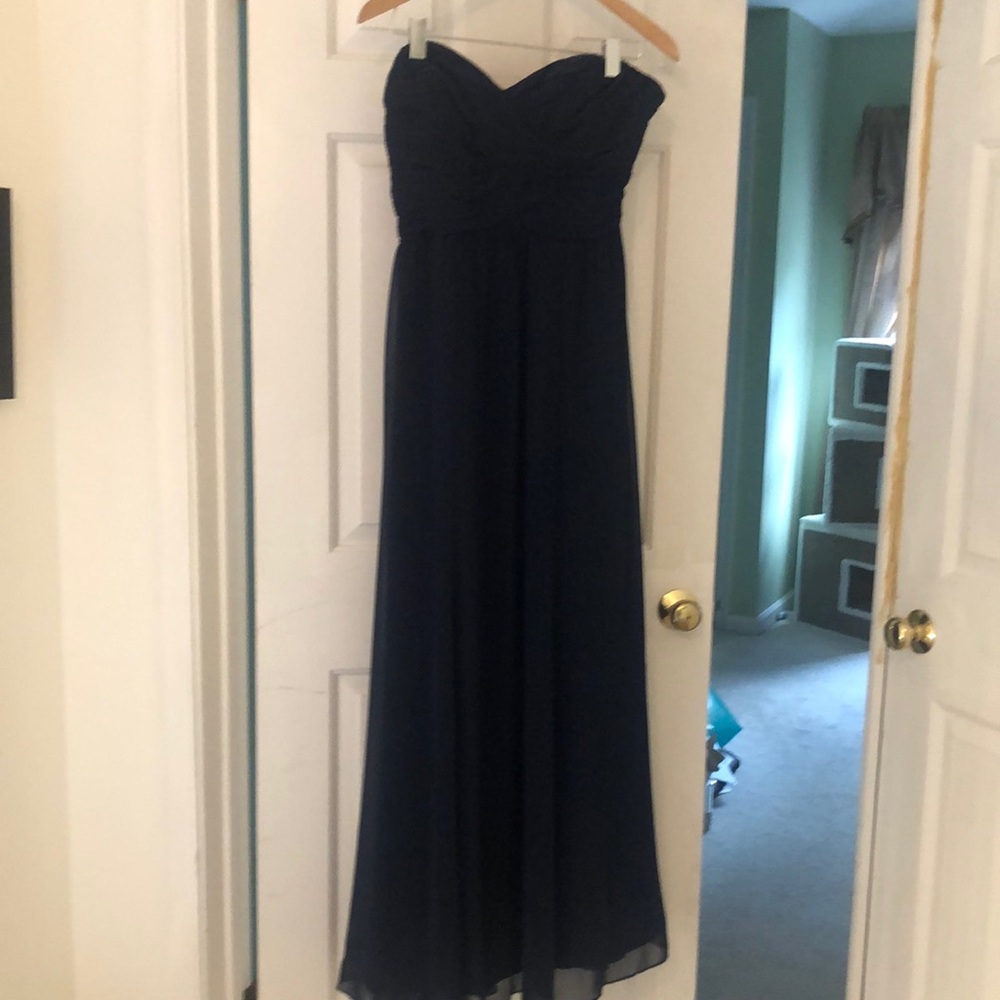 Lauren navy organza strapless formal gown